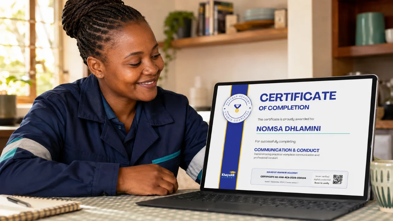 A worker looking at her KhayaHR Academy certificate of completion on a laptop screen