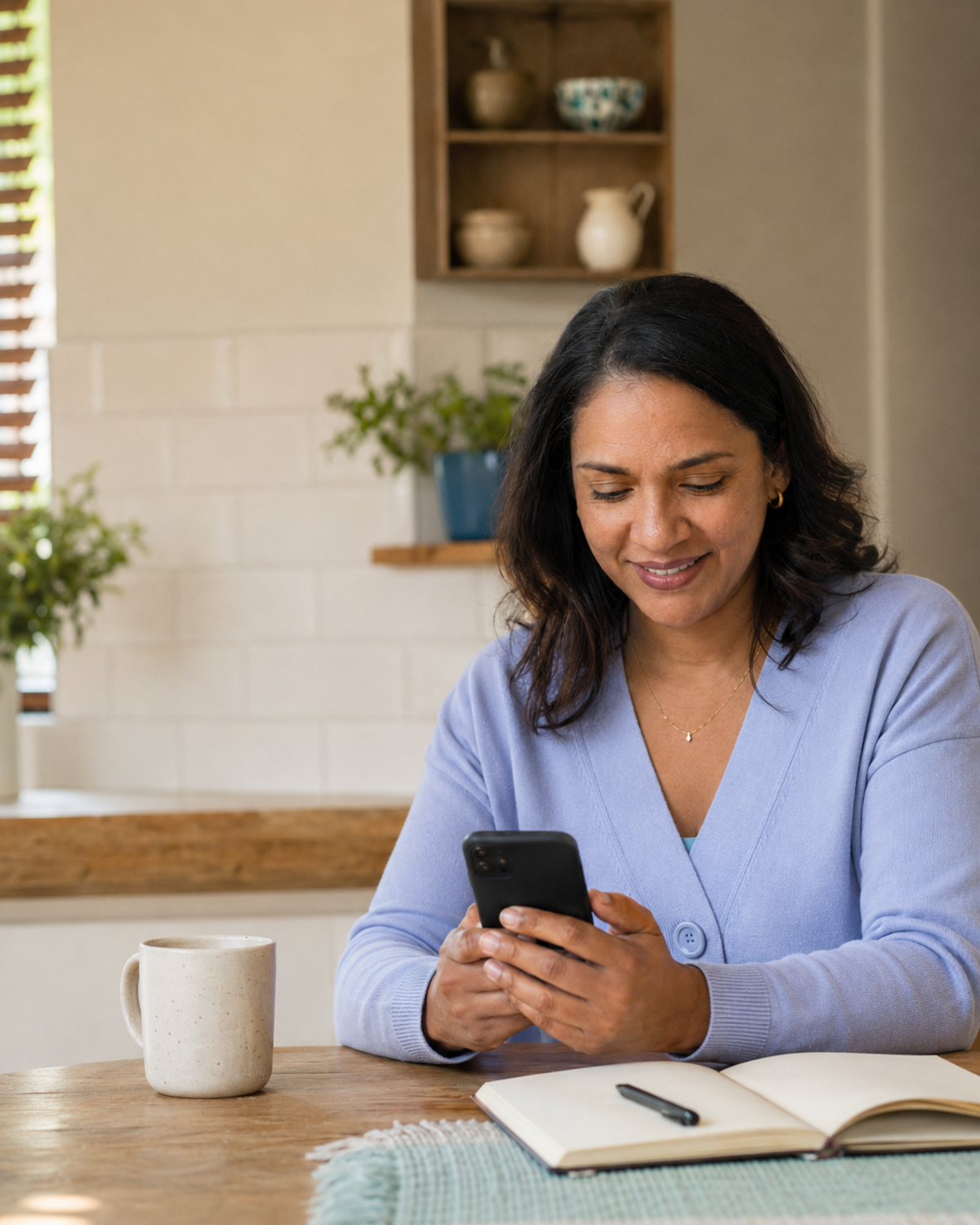 A household employer managing her domestic employment on her phone at home