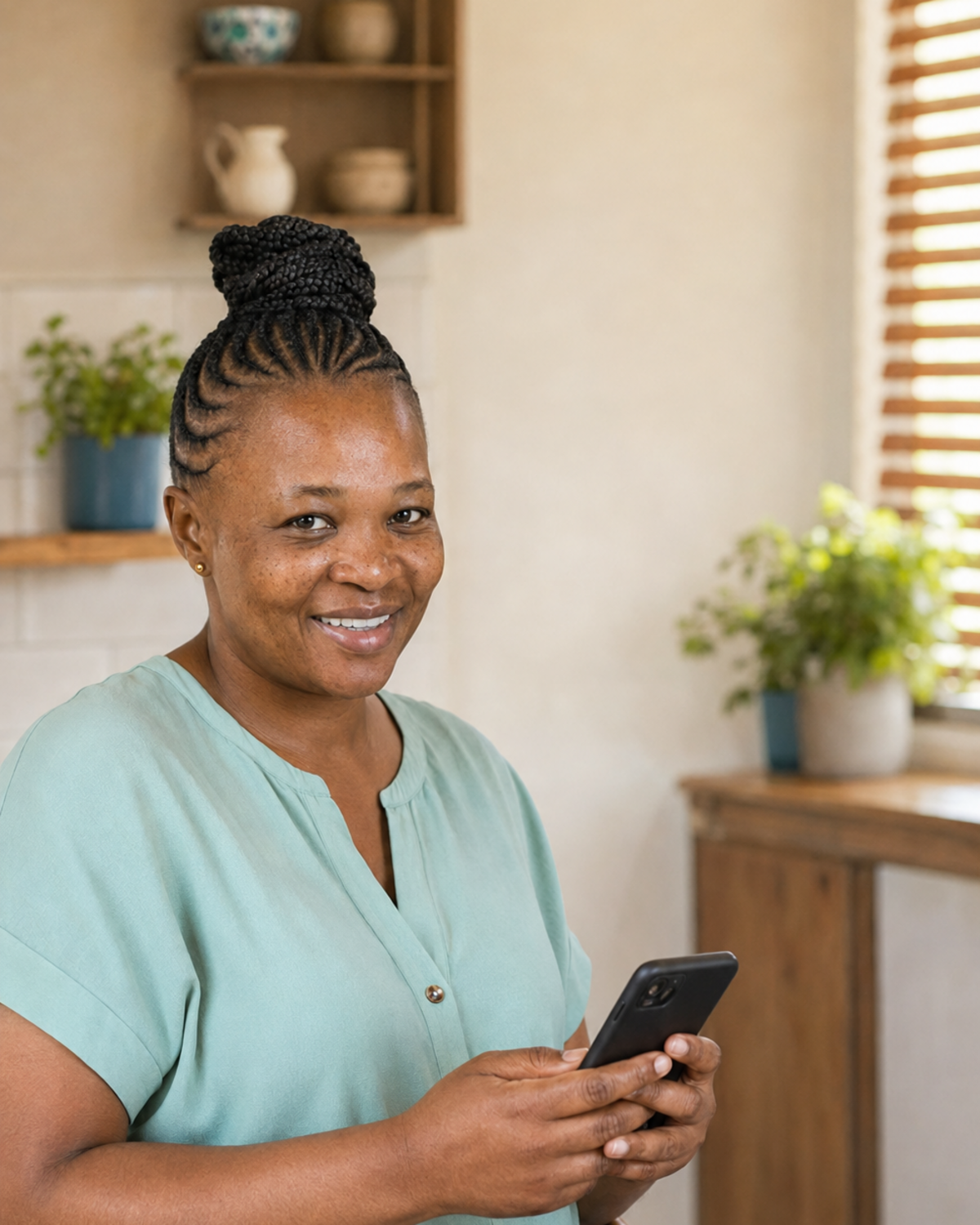A confident South African domestic worker holding her smartphone in a home kitchen