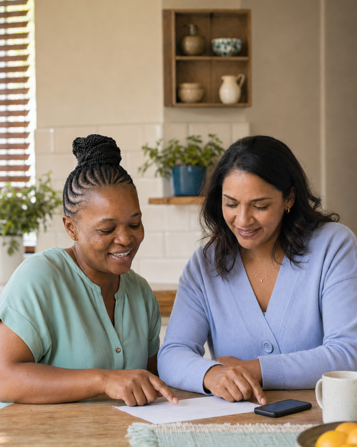 An employer and her domestic worker reviewing an employment document together at the kitchen table