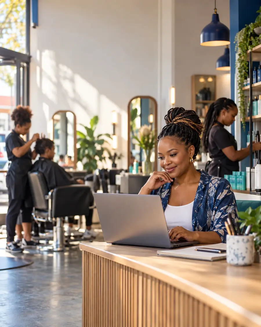 A salon owner works on her laptop at the front desk while stylists look after clients behind her.