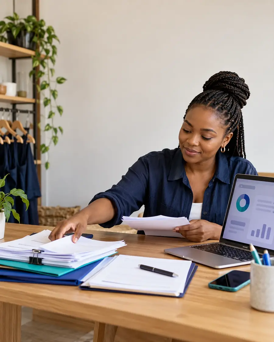A business owner sorts paperwork at her desk beside a laptop.