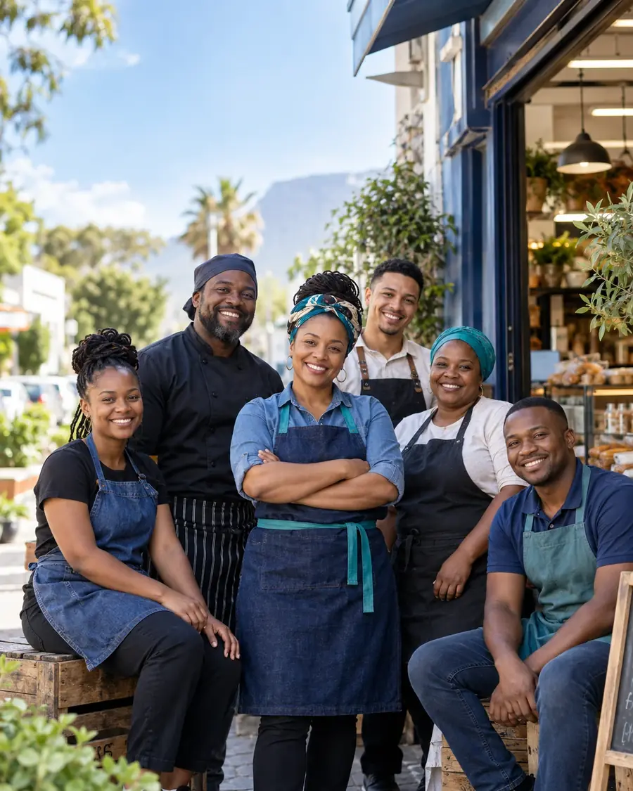 Six members of a café and bakery team stand together outside their shop, smiling.