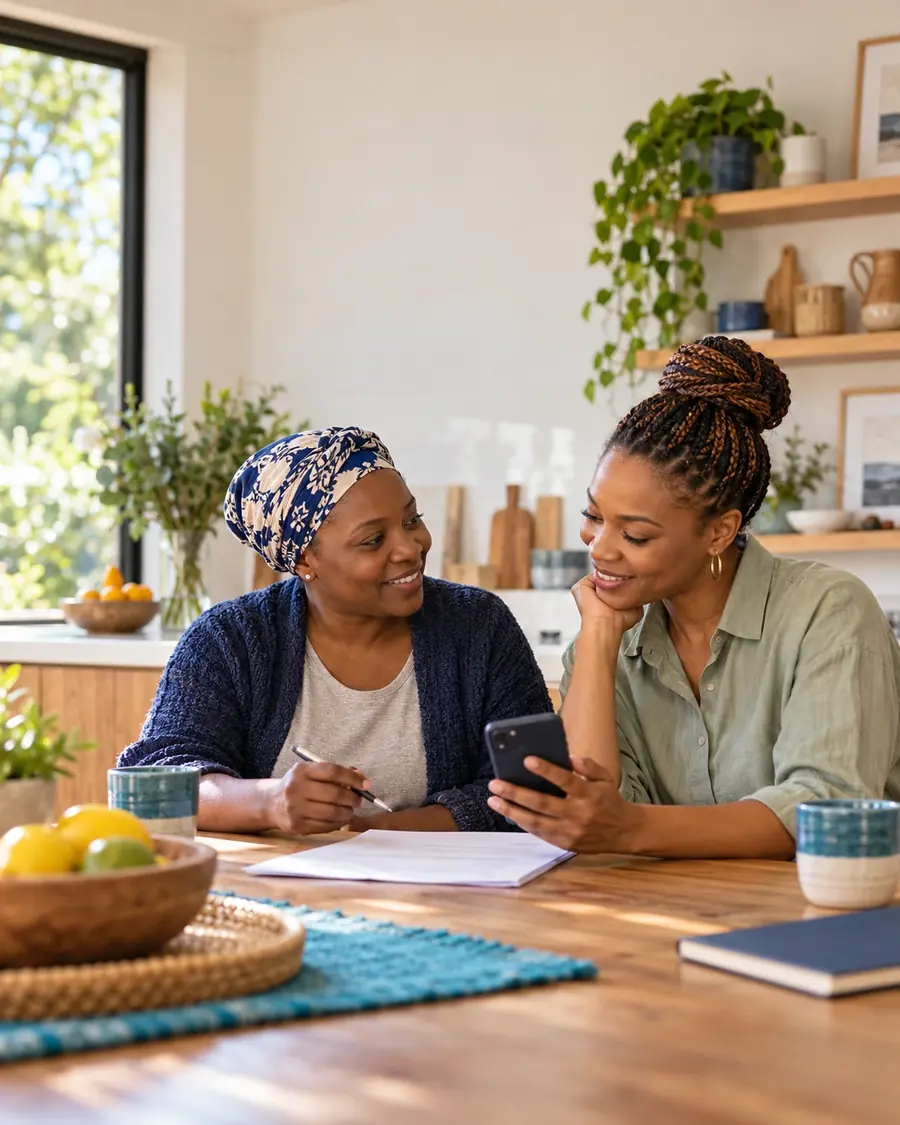 Two women talk over a document and a phone at a kitchen table at home.