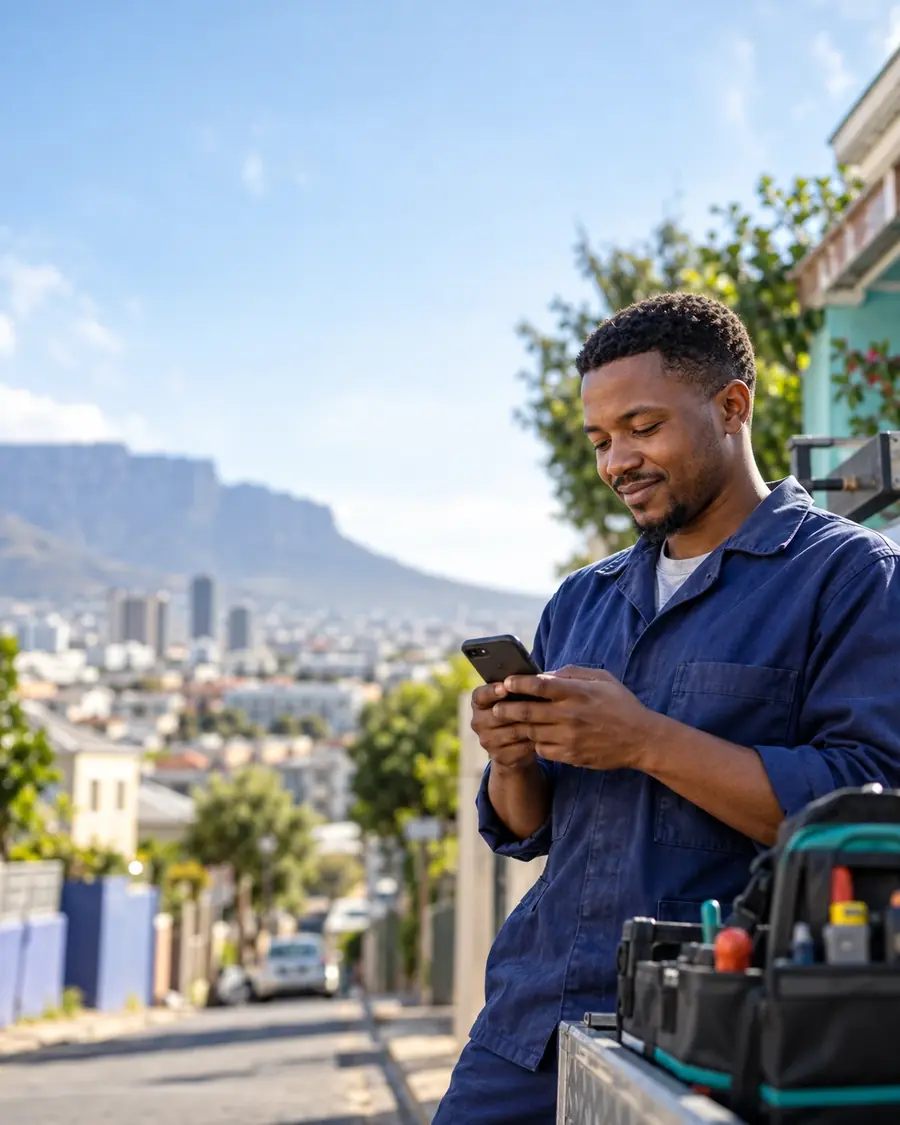 A tradesman in overalls checks his phone on a city street, his toolbag beside him.